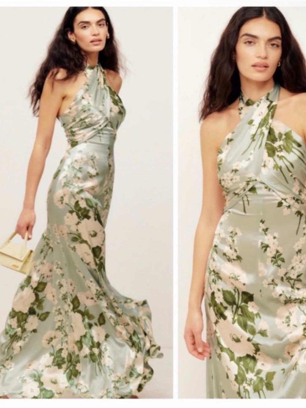 Reformation Veria Floral Green Halter Maxi Dress Tarragon
